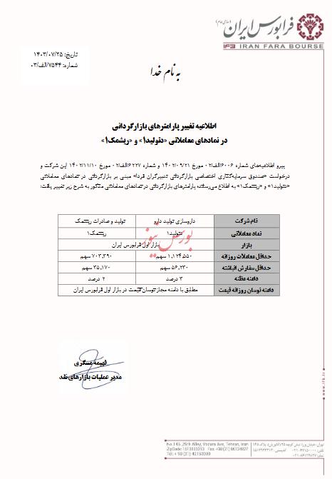 تغییر پارامترهای بازارگردانی دو نماد فرابورسی