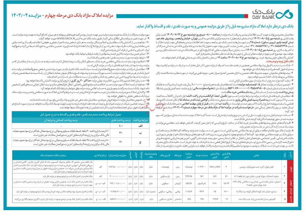 چهارمین مرحله مزایده بانک دی برگزار می شود