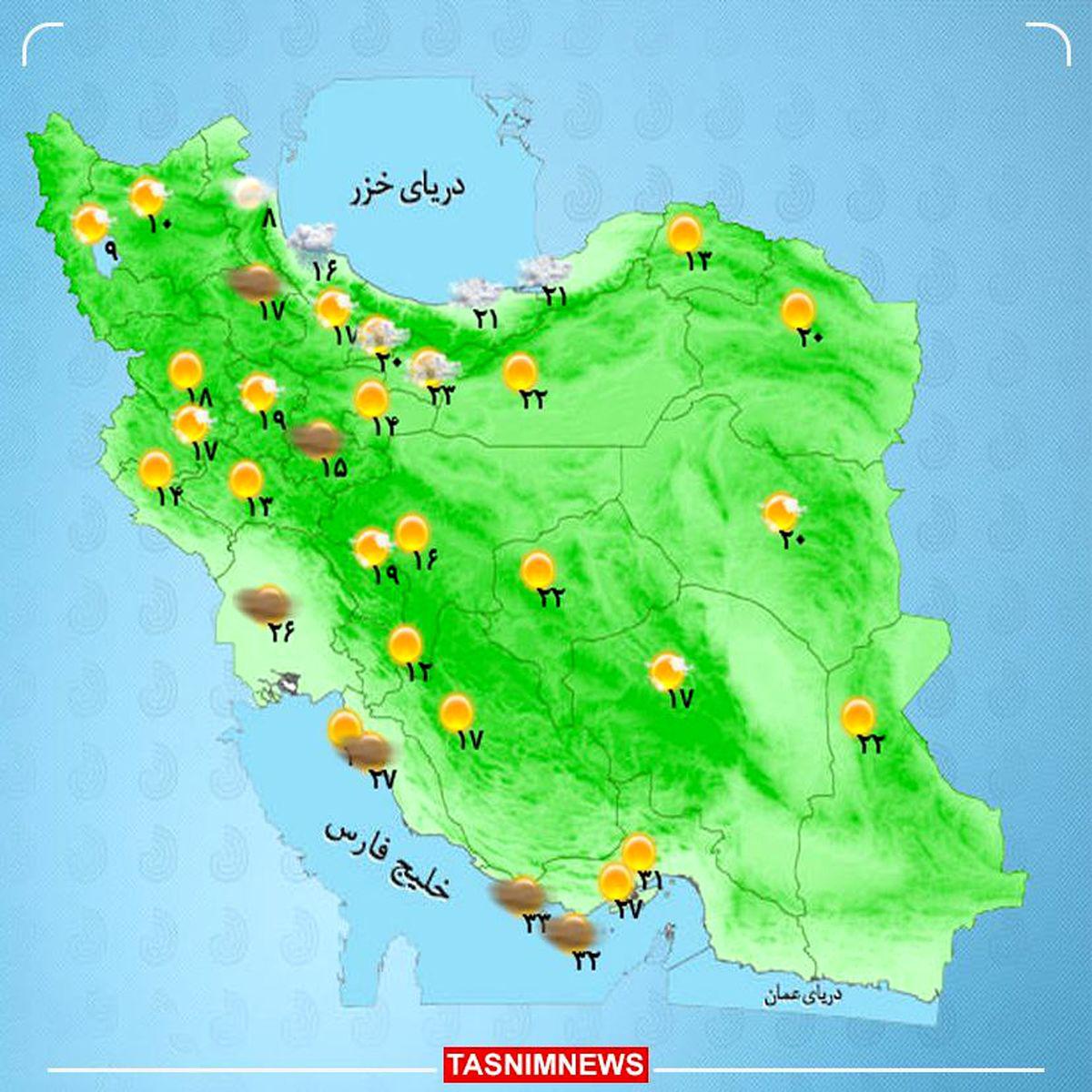 تشدید بارش باران در شمال کشور / وزش باد شدید در تهران و کرج + نقشه