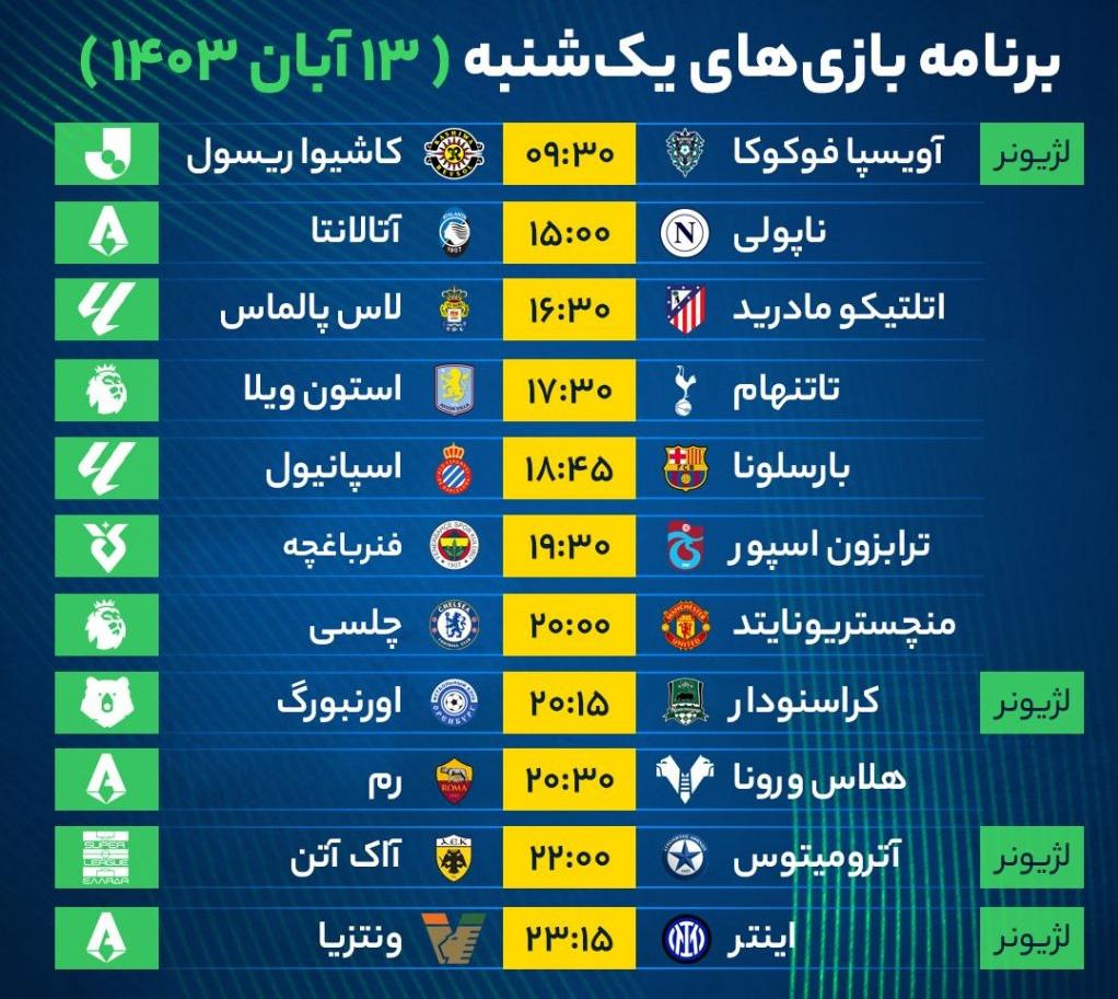 برنامه بازی‌‌‌‌‌‌‌‌‌‌‌‌های فوتبال امروز یک‌شنبه ۱۳ آبان ۱۴۰۳