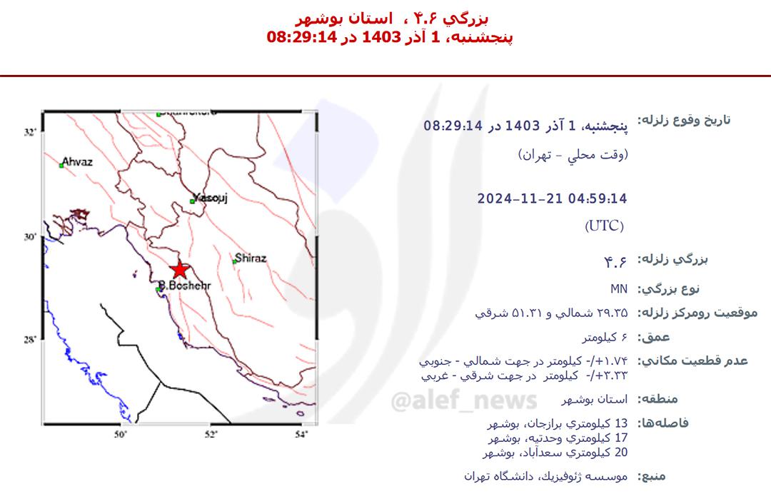 زلزله ۴.۶ ریشتری برازجان بوشهر را لرزاند